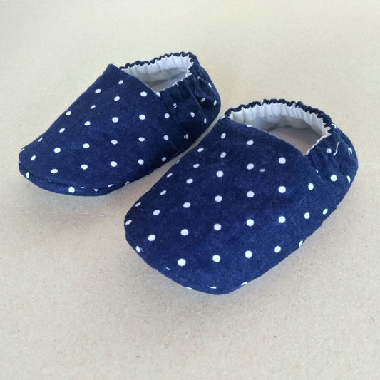 dark blue polka dot cotton fabric slip on soft sole baby shoes