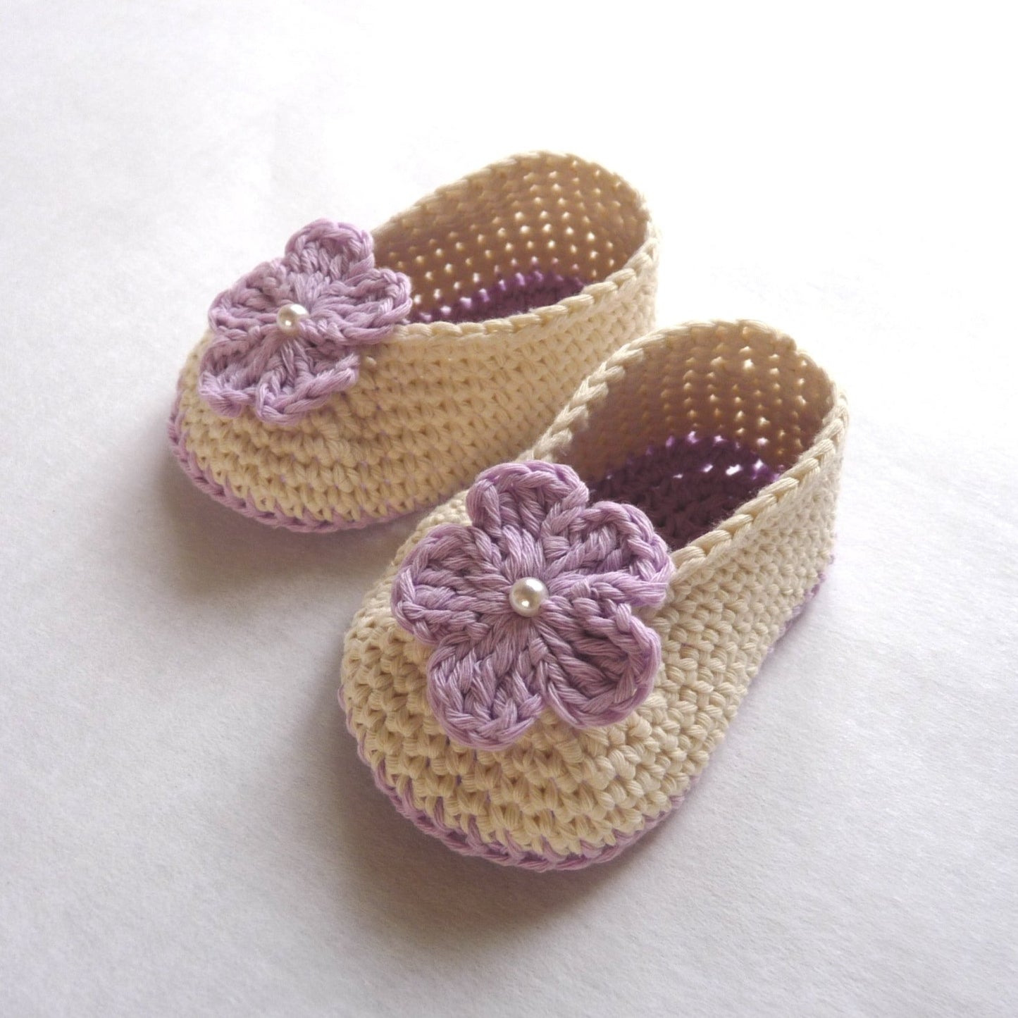 floral crochet handmade baby shoes for girls, purple and off-white