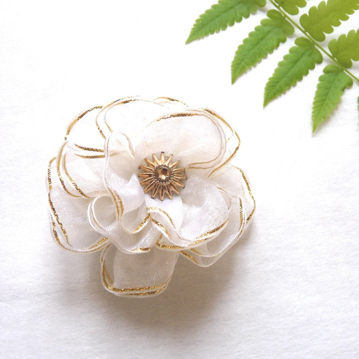 white and gold organza flower hair clip