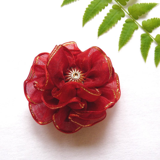 Dark red and gold organza flower hair clip