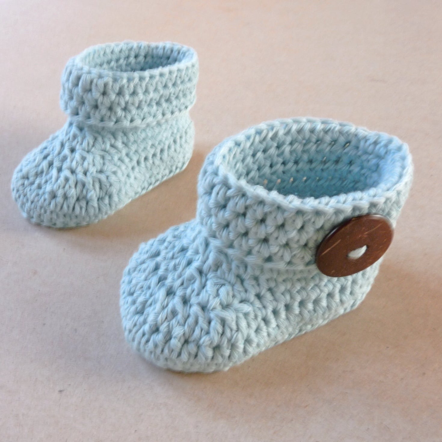 handmade crochet baby booties, mint blue with buttons