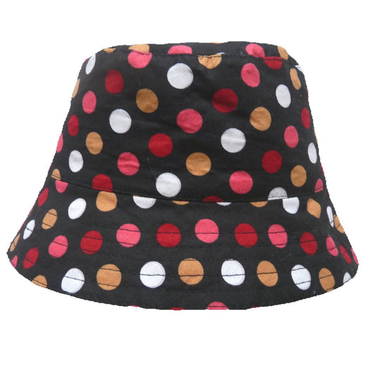 black, pink and brown polka dot cotton bucket hat for girls